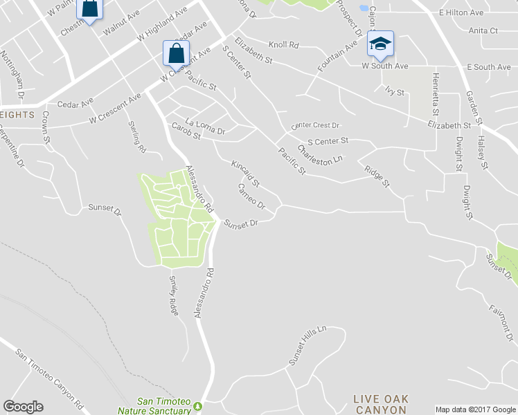 map of restaurants, bars, coffee shops, grocery stores, and more near 1552 Cameo Drive in Redlands