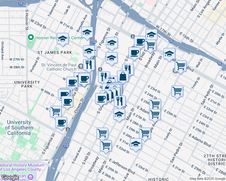 map of restaurants, bars, coffee shops, grocery stores, and more near 229 West 25th Street in Los Angeles
