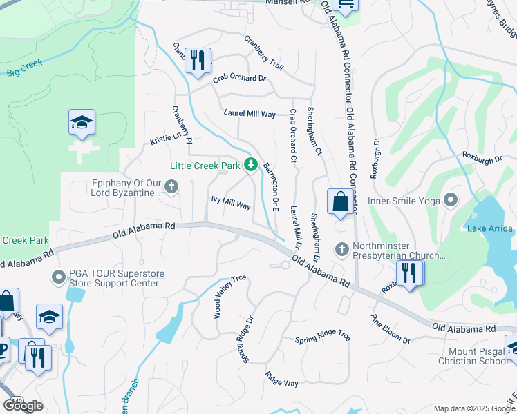 map of restaurants, bars, coffee shops, grocery stores, and more near 655 Barrington Way in Roswell