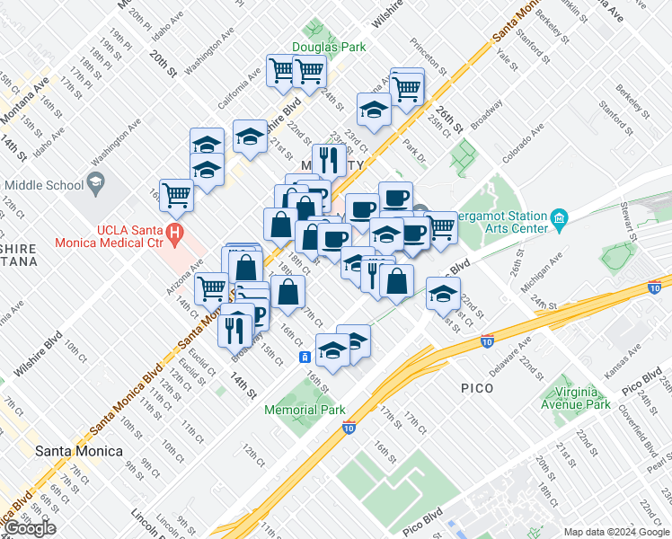 map of restaurants, bars, coffee shops, grocery stores, and more near 1912 Broadway in Santa Monica