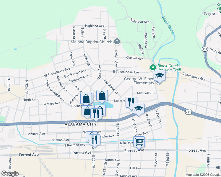 map of restaurants, bars, coffee shops, grocery stores, and more near 9 Hinsdale Avenue in Gadsden