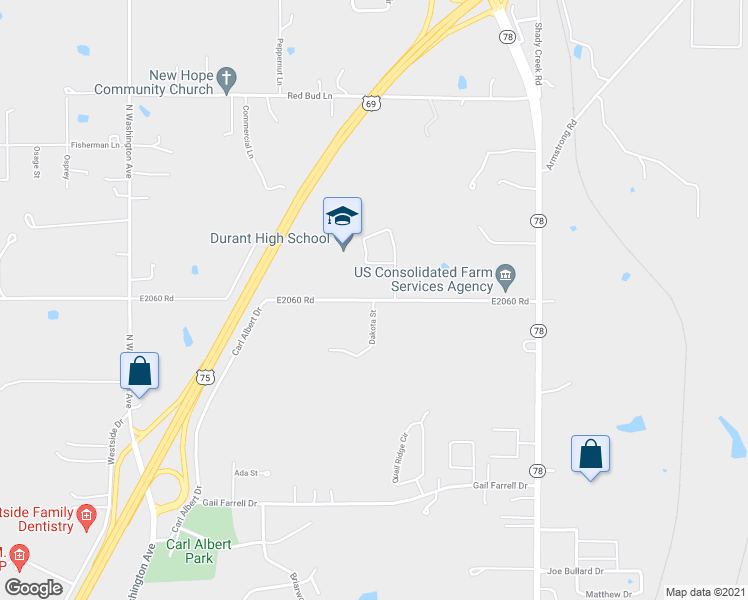 map of restaurants, bars, coffee shops, grocery stores, and more near 3701 Dakota Street in Durant