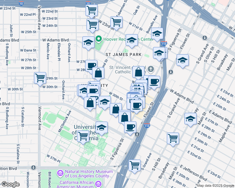 map of restaurants, bars, coffee shops, grocery stores, and more near 803 West 30th Street in Los Angeles