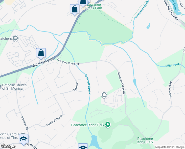 map of restaurants, bars, coffee shops, grocery stores, and more near 3408 Rising Fawn Trail in Suwanee