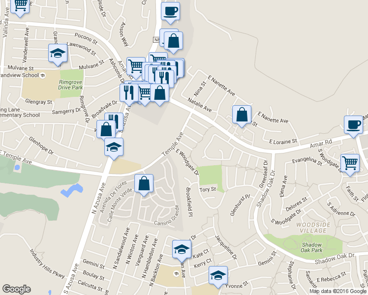 map of restaurants, bars, coffee shops, grocery stores, and more near Oakridge Court in Walnut