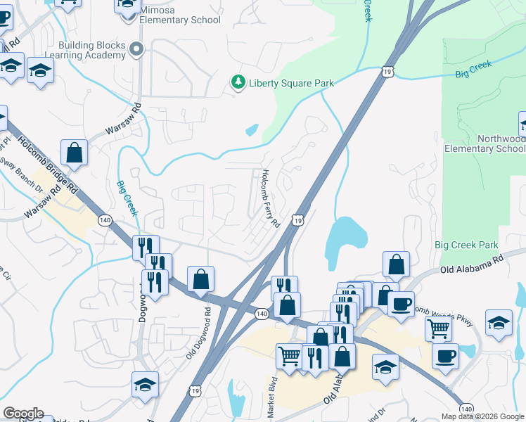 map of restaurants, bars, coffee shops, grocery stores, and more near 202 Mill Creek Place in Roswell