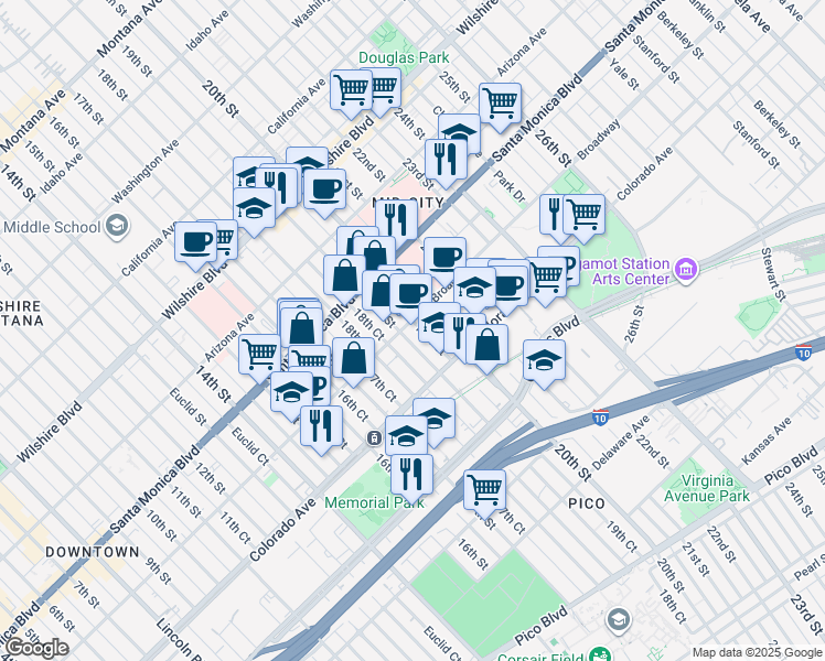 map of restaurants, bars, coffee shops, grocery stores, and more near 1912 Broadway in Santa Monica
