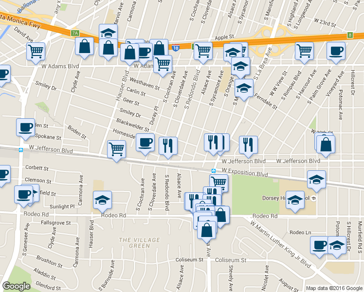 map of restaurants, bars, coffee shops, grocery stores, and more near 3007 Alsace Avenue in Los Angeles