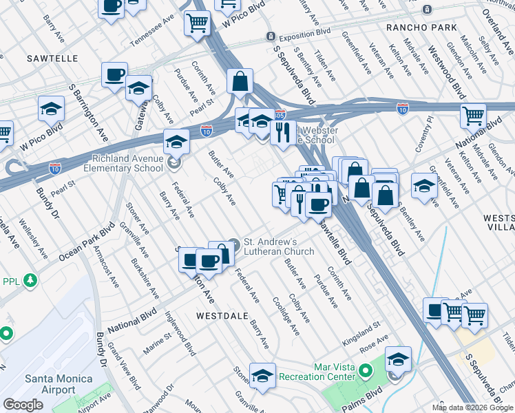map of restaurants, bars, coffee shops, grocery stores, and more near 2758 Butler Avenue in Los Angeles