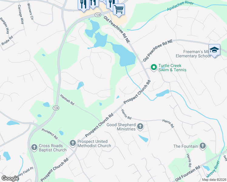 map of restaurants, bars, coffee shops, grocery stores, and more near 1802 Prospect Church Road in Lawrenceville