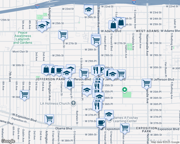 map of restaurants, bars, coffee shops, grocery stores, and more near 1861 West Jefferson Boulevard in Los Angeles