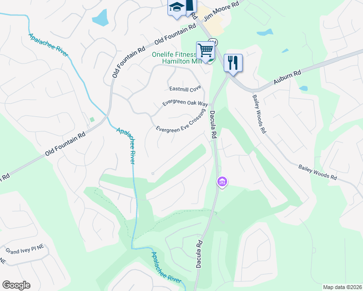 map of restaurants, bars, coffee shops, grocery stores, and more near 2790 The Terraces Way in Dacula