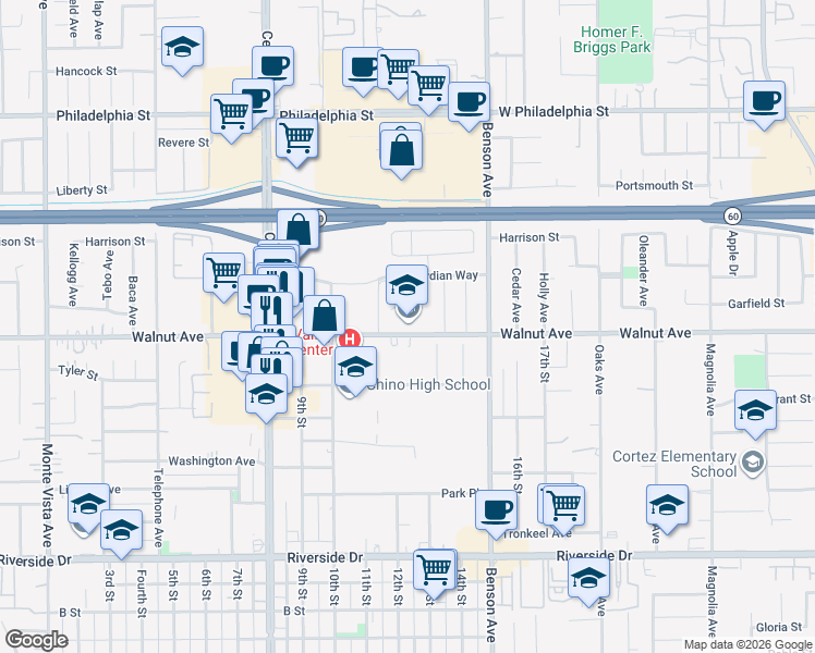 map of restaurants, bars, coffee shops, grocery stores, and more near 5550 Walnut Avenue in Chino