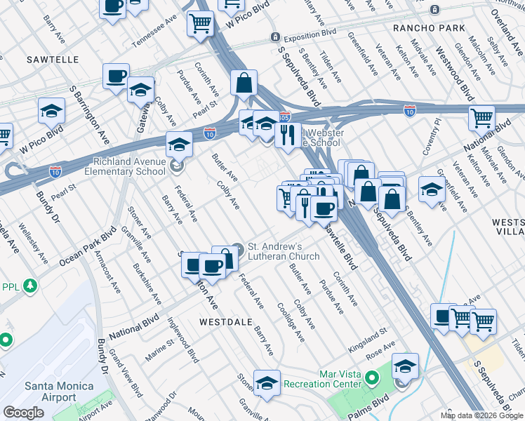 map of restaurants, bars, coffee shops, grocery stores, and more near 2758 Butler Avenue in Los Angeles