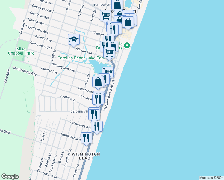 map of restaurants, bars, coffee shops, grocery stores, and more near 705 Carolina Beach Avenue South in Carolina Beach