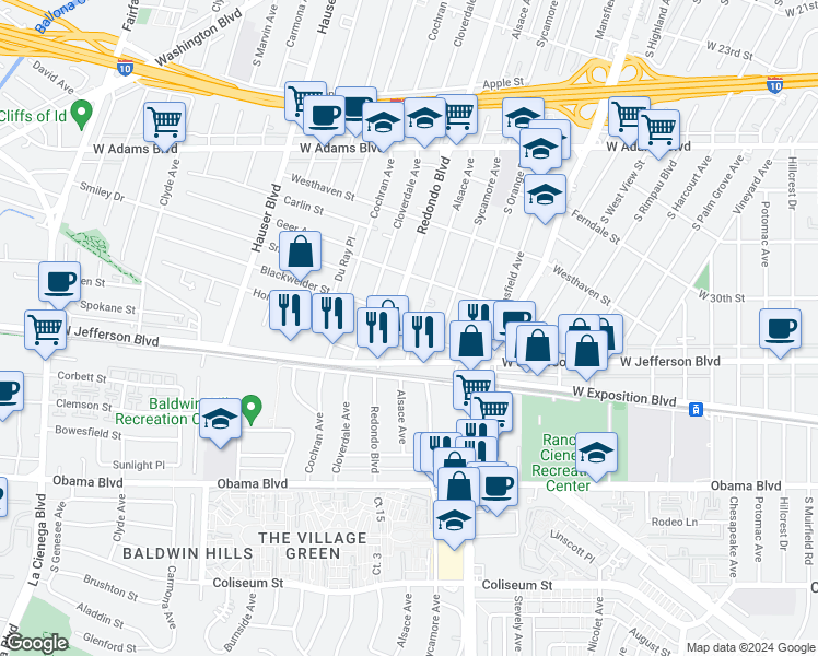 map of restaurants, bars, coffee shops, grocery stores, and more near 3007 Alsace Avenue in Los Angeles