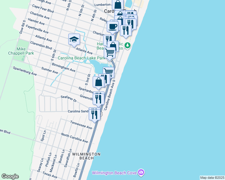 map of restaurants, bars, coffee shops, grocery stores, and more near 821 Carolina Beach Avenue South in Carolina Beach