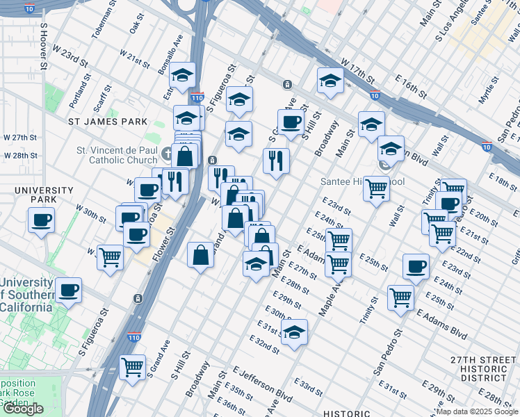 map of restaurants, bars, coffee shops, grocery stores, and more near 2540 South Hill Street in Los Angeles