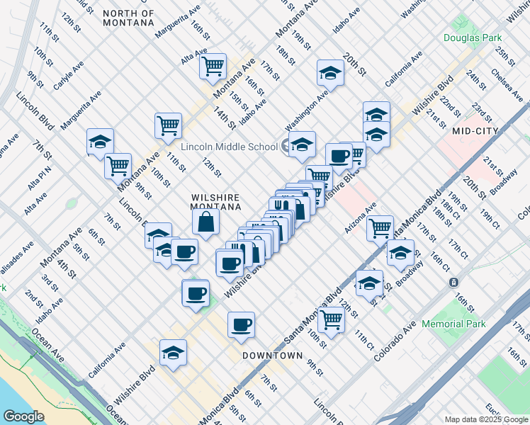 map of restaurants, bars, coffee shops, grocery stores, and more near 1122 California Avenue in Santa Monica