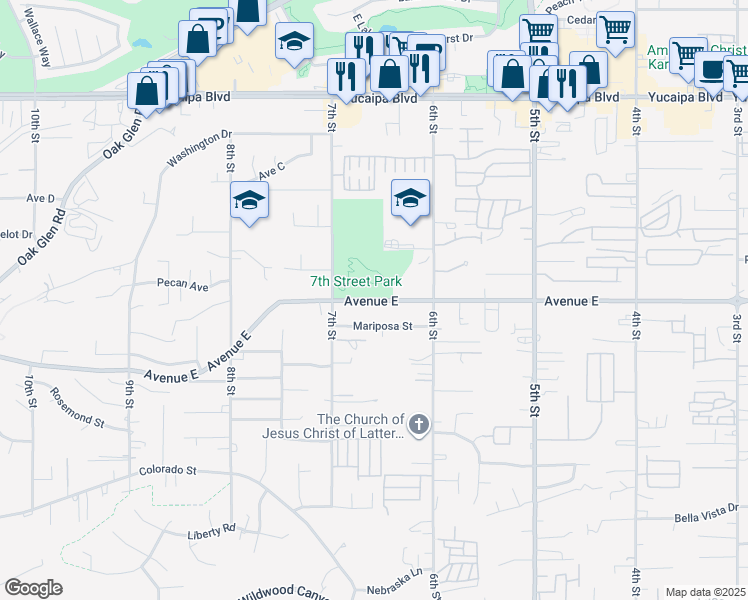 map of restaurants, bars, coffee shops, grocery stores, and more near Avenue E in Yucaipa