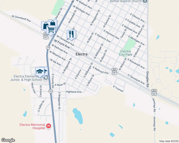map of restaurants, bars, coffee shops, grocery stores, and more near 306 East Wharton Avenue in Electra