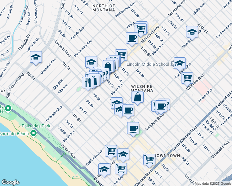 map of restaurants, bars, coffee shops, grocery stores, and more near 906 9th Street in Santa Monica