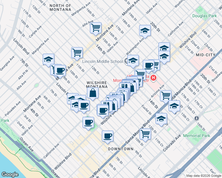 map of restaurants, bars, coffee shops, grocery stores, and more near 1122 California Avenue in Santa Monica