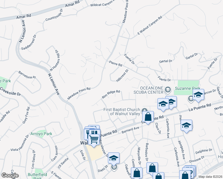 map of restaurants, bars, coffee shops, grocery stores, and more near 20329 Rim Ridge Road in Walnut