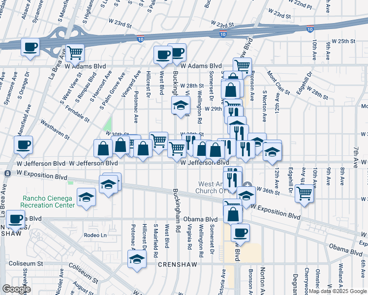 map of restaurants, bars, coffee shops, grocery stores, and more near 3031 Virginia Road in Los Angeles