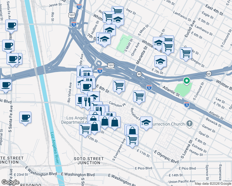 map of restaurants, bars, coffee shops, grocery stores, and more near 1168 Orme Avenue in Los Angeles