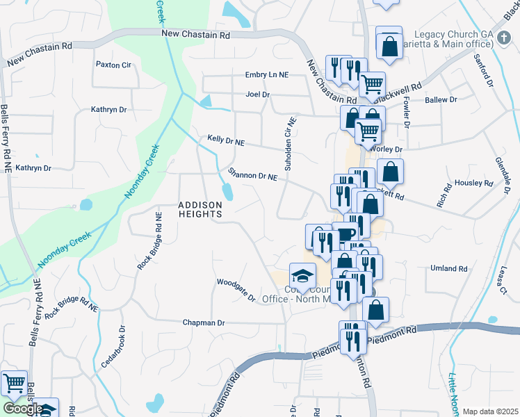 map of restaurants, bars, coffee shops, grocery stores, and more near 3195 Vickery Drive Northeast in Marietta