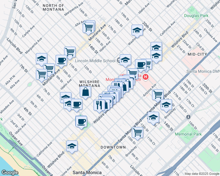map of restaurants, bars, coffee shops, grocery stores, and more near 1208 California Avenue in Santa Monica