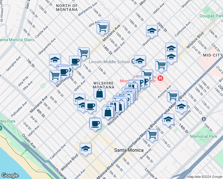 map of restaurants, bars, coffee shops, grocery stores, and more near 1037 11th Street in Santa Monica