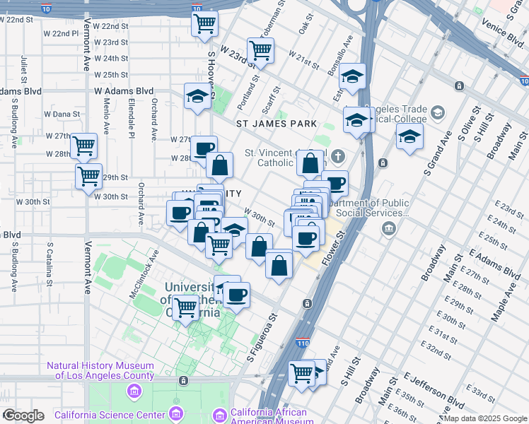 map of restaurants, bars, coffee shops, grocery stores, and more near 803 West 30th Street in Los Angeles