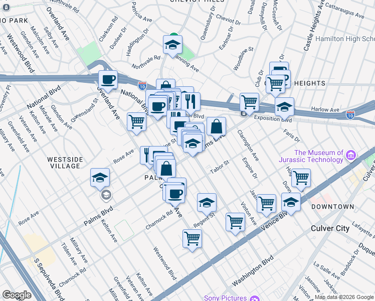 map of restaurants, bars, coffee shops, grocery stores, and more near 3459 Motor Avenue in Los Angeles