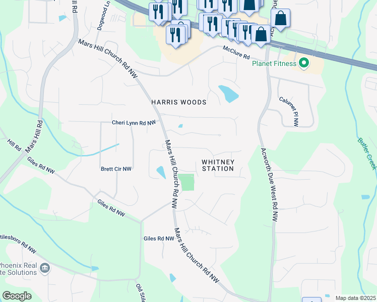 map of restaurants, bars, coffee shops, grocery stores, and more near 4496 Whitt Station Run in Acworth