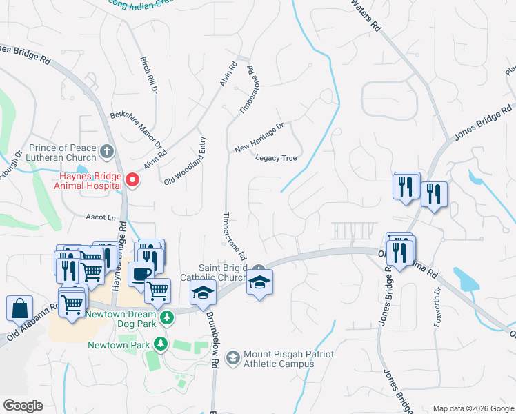 map of restaurants, bars, coffee shops, grocery stores, and more near 9050 Brockham Way in Alpharetta