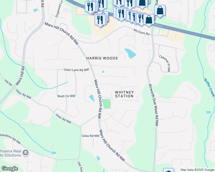 map of restaurants, bars, coffee shops, grocery stores, and more near 2883 Glenburnie Court in Acworth