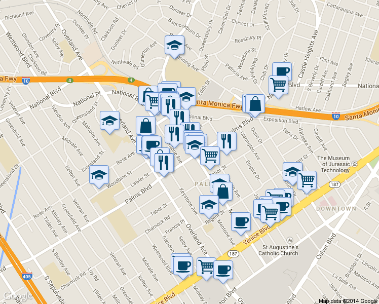 map of restaurants, bars, coffee shops, grocery stores, and more near 3459 Motor Avenue in Los Angeles
