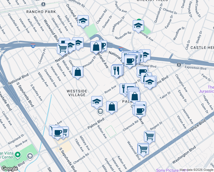 map of restaurants, bars, coffee shops, grocery stores, and more near 10760 Rose Avenue in Los Angeles