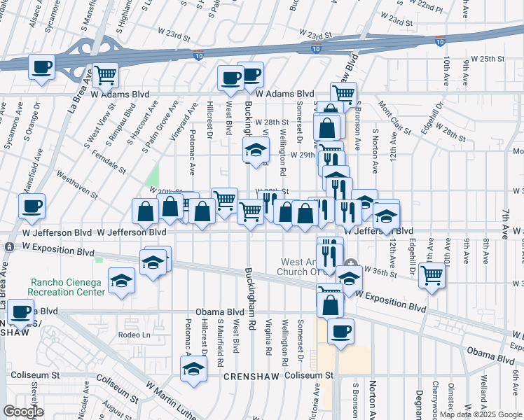map of restaurants, bars, coffee shops, grocery stores, and more near 3031 Virginia Road in Los Angeles