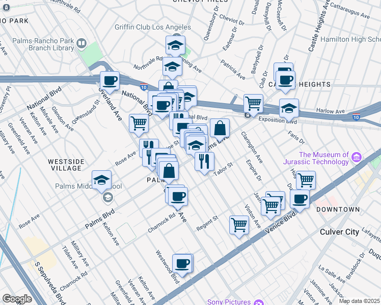 map of restaurants, bars, coffee shops, grocery stores, and more near 3507 Motor Avenue in Los Angeles