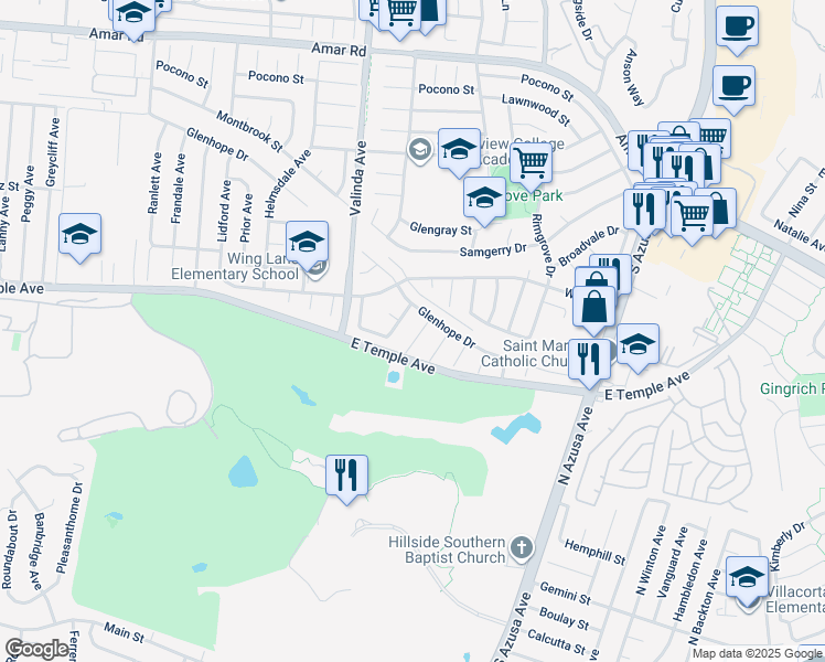 map of restaurants, bars, coffee shops, grocery stores, and more near 409 Raminda Avenue in La Puente