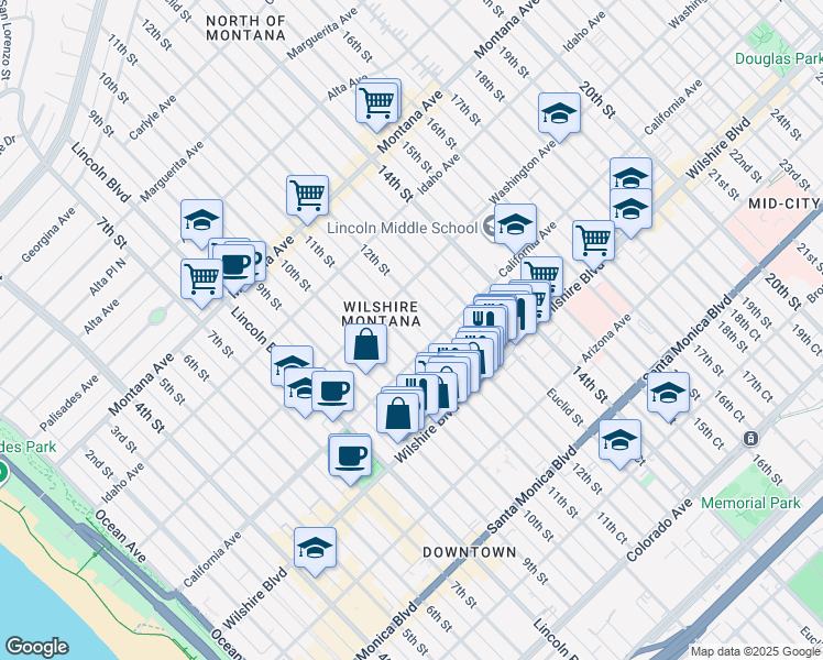 map of restaurants, bars, coffee shops, grocery stores, and more near 1042 11th Street in Santa Monica