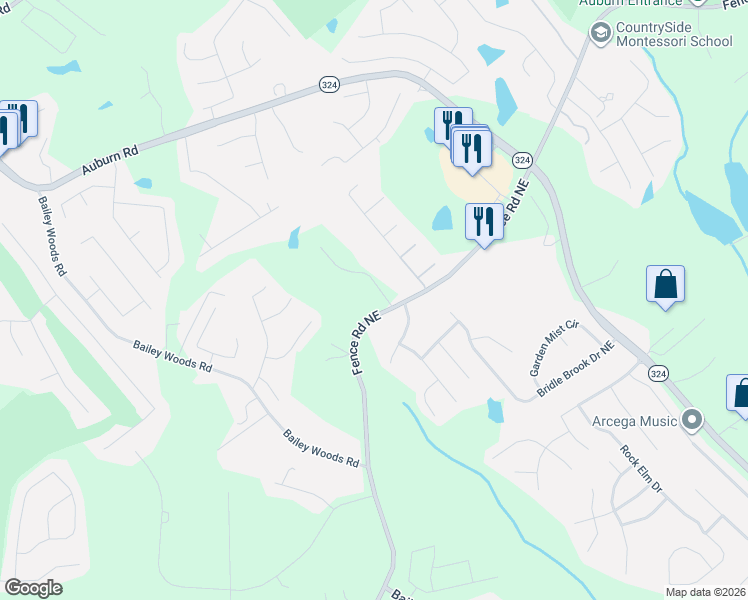 map of restaurants, bars, coffee shops, grocery stores, and more near 3140 Fence Road Northeast in Dacula