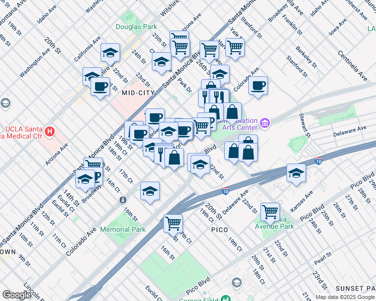 map of restaurants, bars, coffee shops, grocery stores, and more near 1631 21st Street in Santa Monica
