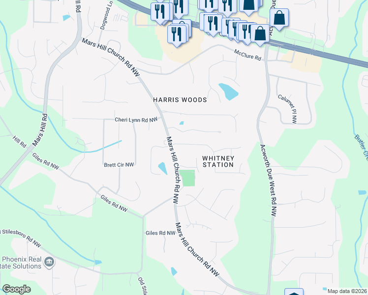 map of restaurants, bars, coffee shops, grocery stores, and more near 4498 Whitt Station Run in Acworth