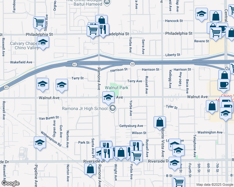 map of restaurants, bars, coffee shops, grocery stores, and more near 4600 Walnut Avenue in Chino
