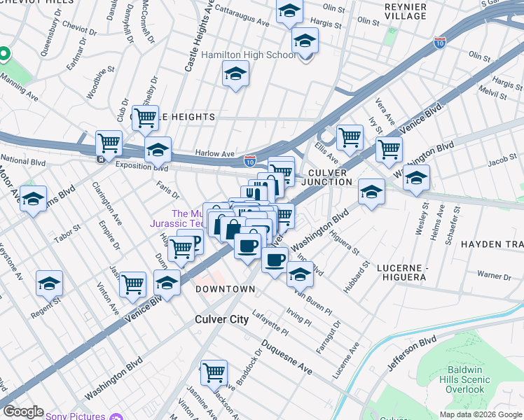map of restaurants, bars, coffee shops, grocery stores, and more near 3766 South Canfield Avenue in Los Angeles