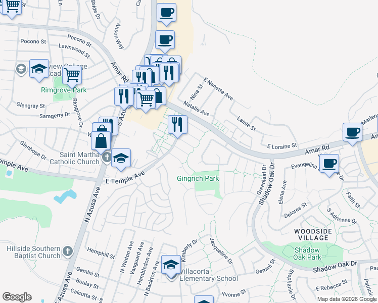 map of restaurants, bars, coffee shops, grocery stores, and more near 1753 Oakridge Circle in West Covina